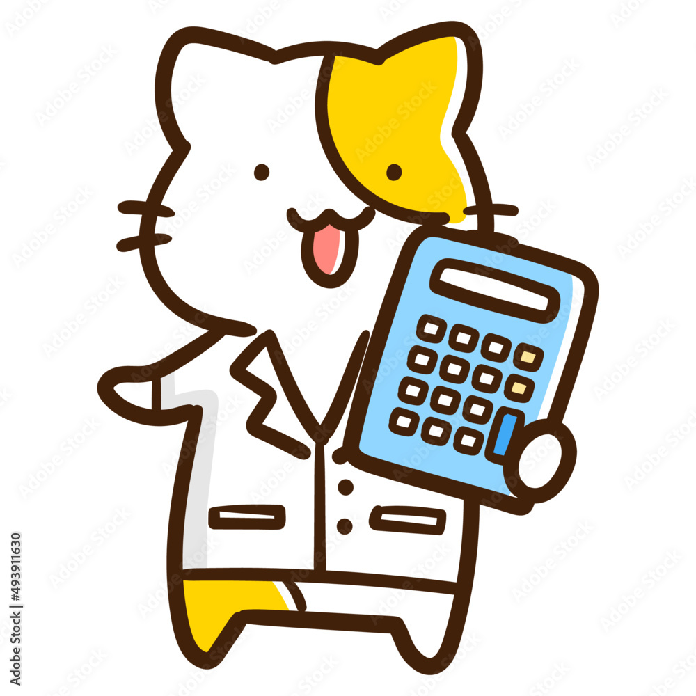 電卓を持つ白衣のかわいいねこのキャラクターの手書き風イラスト Stock Vector Adobe Stock