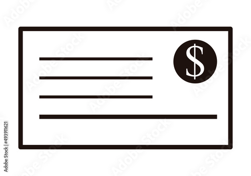 Icono negro de cheque en dólar en fondo blanco. 