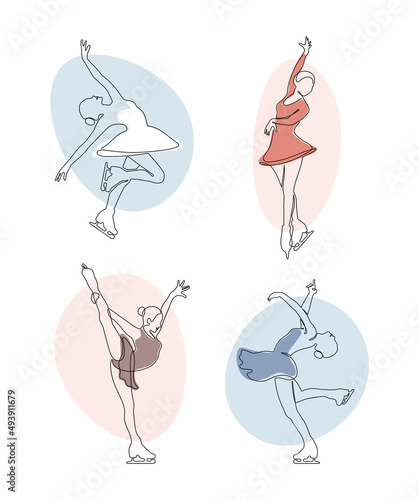 Figure skating one line illustration. Ladies is ice skating. Vector set of silhouettes.