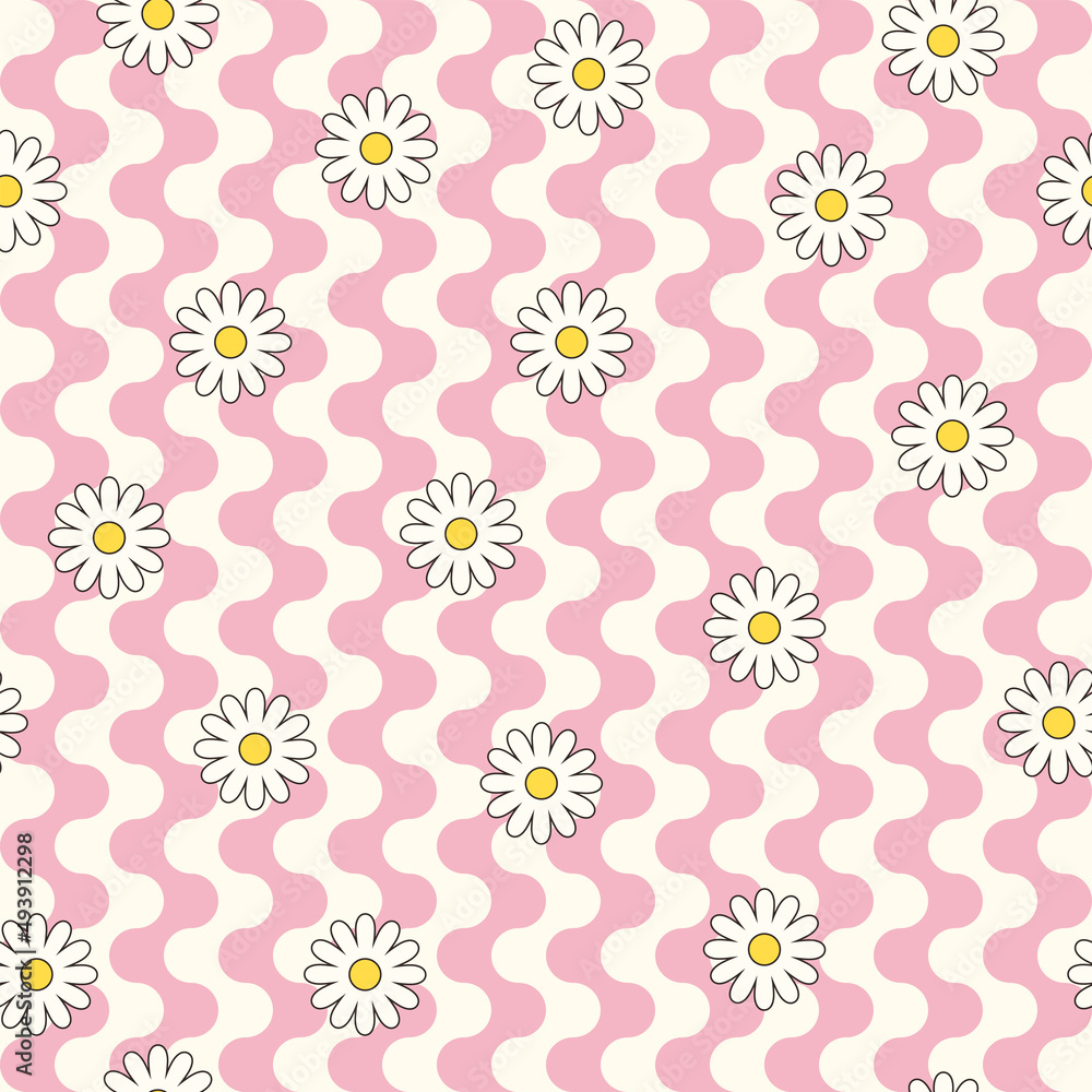 Psychedelic hippie surface pattern design. Abstract seamless vector pattern. Chamomile flowers and wavy stripes, 60s, 70s retro style. vintage floral background