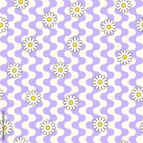 Psychedelic hippie surface pattern design. Abstract seamless vector pattern. Chamomile flowers and wavy stripes, 60s, 70s retro style. vintage floral background