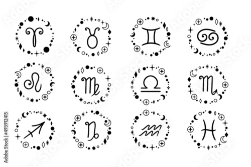 Zodiac hand drawn constellations isolated cliparts bundle, unique astrology sings illustration, esoteric mystical horoscope in black color, Libra Gemini Taurus Cancer Aries Leo Pisces
