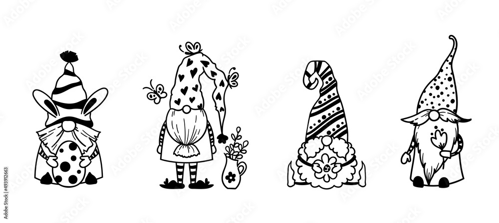 Funny Easter garden gnomes isolated clip arts bundle, Cute dwarfs with Easter eggs and flowers, Easter kids characters, vector Funny Easter garden gnomes isolated clip arts bundle, Cute dwarfs with Easter eggs and flowers, Easter kids characters, vector
