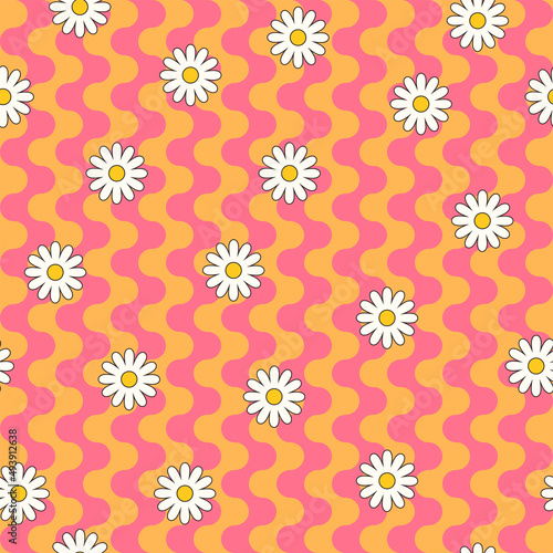 Psychedelic hippie surface pattern design. Abstract seamless vector pattern. Chamomile flowers and wavy stripes, 60s, 70s retro style. vintage floral background