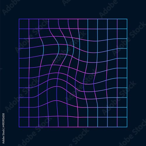 A distorted holographic grid inside an even square. Vector illustration of abstract design with violet blue gradient. Mesh with warp effect inside.