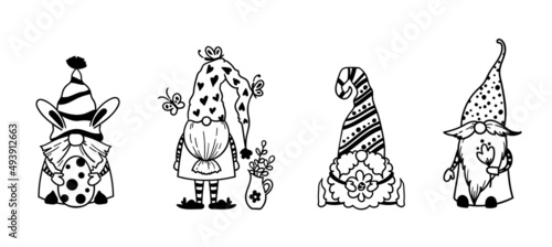 Funny Easter garden gnomes isolated clip arts bundle, Cute dwarfs with Easter eggs and flowers, Easter kids characters, vector