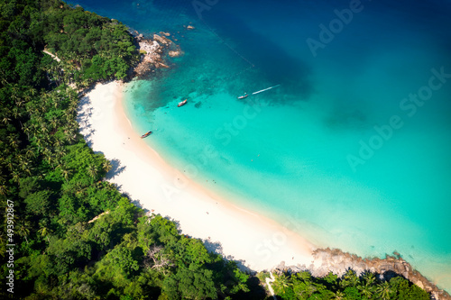 Fototapeta Naklejka Na Ścianę i Meble -  Aerial drone top view crowd of happy people relax at tropical Beach with sunset in Phuket, Thailand, Beautiful Phuket beach is famous tourist destination at Andaman sea. Holiday summer concept