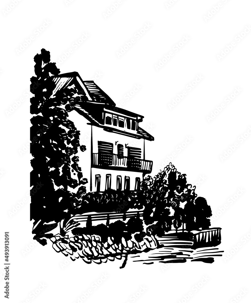 drawing picture of a cute alpine chalet house by the lake surrounded by trees, sketch, hand drawn ink vector illustration