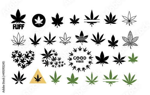 Weed leaves hand drawn cliparts bundle, Cannabis pot leaf isolated items on white, Marijuana good vibes printable images set, vector weed leaf