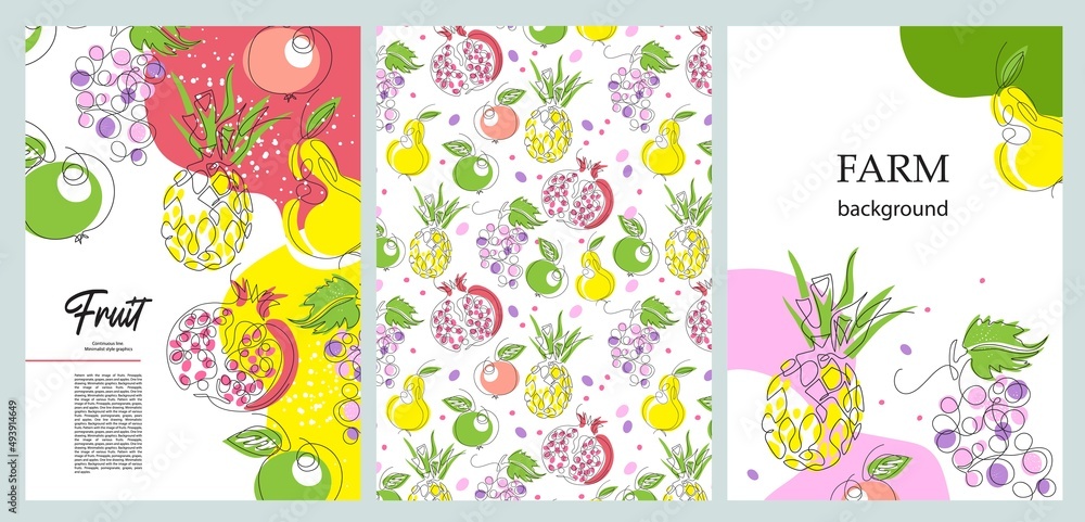 The fruits are drawn with a single line. Pineapple, grapes, pomegranate, apple, pear. Sample brochure. The fruits are drawn with a single line. Pineapple, grapes, pomegranate, apple, pear. Sample brochure.