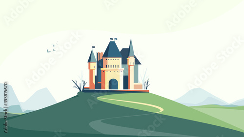 Castle on the hill in spring season. Nature landscape with architecture object.