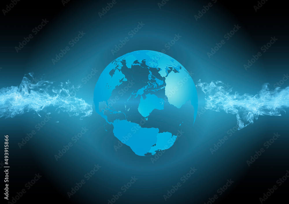 The globe on blue flame with glow, global warming concept.