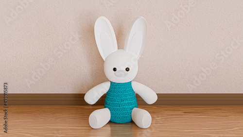 Cute bunny rabbit in blue sweater. 3d rendering illustration