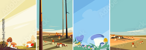Set of mushroom meadows. Beautiful nature landscapes in portrait format.