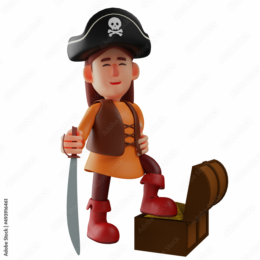 A Rich 3D Pirate Cartoon Drawing having a box of treasure Stock  Illustration | Adobe Stock