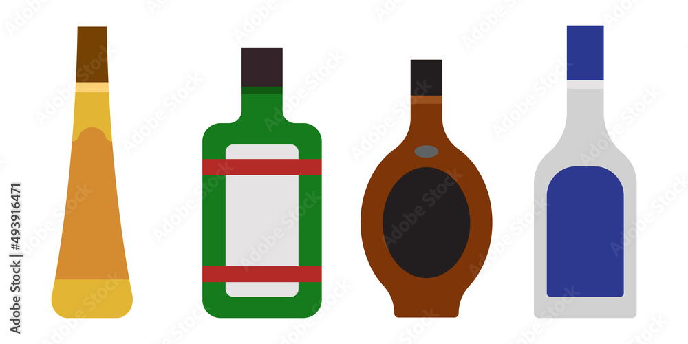 Simple set of alcoholic colorful bottles illustration. Alcohol cocktails drinks icons. Bar menu flat vector logos. Simple set of alcoholic colorful bottles illustration. Alcohol cocktails drinks icons. Bar menu flat vector logos.