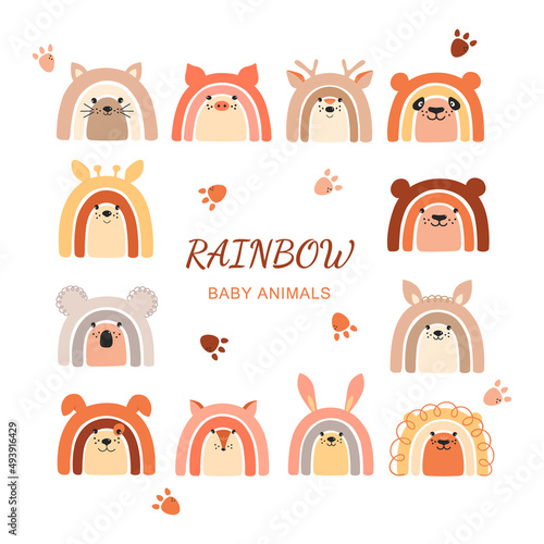 Set of cute rainbow baby animlas illustrations. Kids graphics in Scandinavian style. Rainbow, panda, bear, koala, bunny, llama, kitten, fox, lion. Posters, greeting cards, invitations, clothing. photo