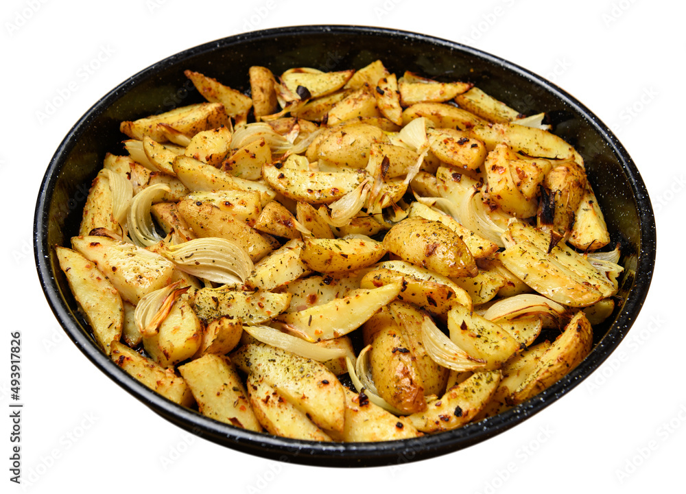 roasted potatoes in a frying pan, cooked food, one object isolated on white background roasted potatoes in a frying pan, cooked food, one object isolated on white background