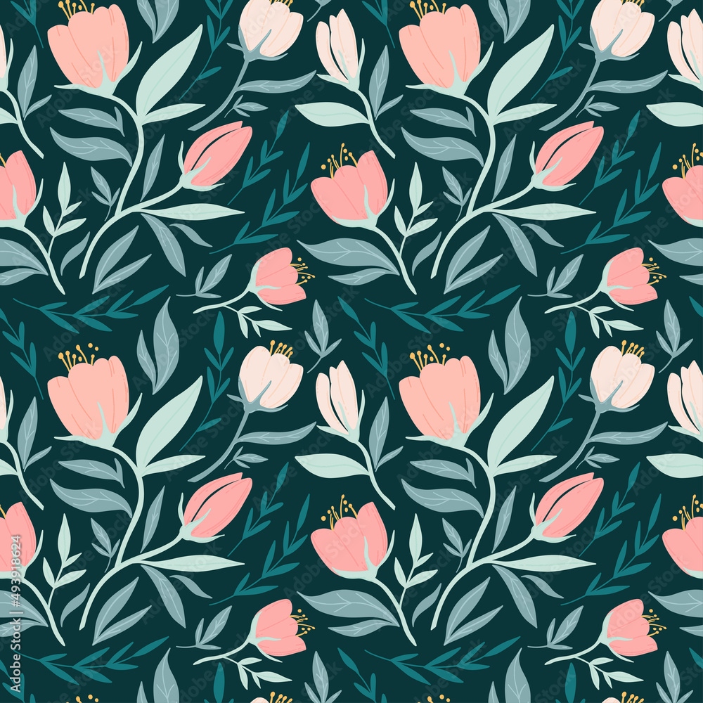Seamless vector pattern with garden flower, tulip, plants, botanical. Cute pattern with pink flower om dark green background. Seamless vector pattern with garden flower, tulip, plants, botanical. Cute pattern with pink flower om dark green background.