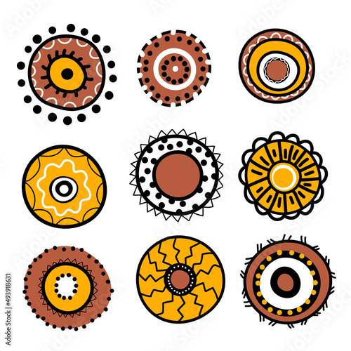 Geometric aboriginal art icon. Ethnic tribal rounded ornament. Afican, australian motiph. Dots painting. Vector illustration, template design for cloth, card, fabric