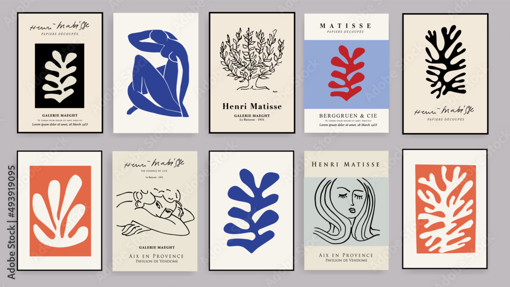 Matisse Abstract Art Set, Aesthetic Modern Art, Boho Decor, Minimalist Art, Illustration, Vector, Poster, Postcard. Collection for decoration. Vector all isolated. Set of abstract trendy creative art.