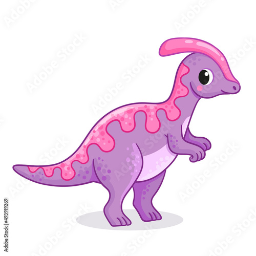 Vector illustration with dinosaur Parasaurolophus. Cute dinosaur in cartoon style.