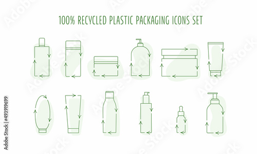 Recycled cosmetic plastic bottles set - eco packaging icon. Vector stock illustration isolated on white background for label  wrapping  package. 