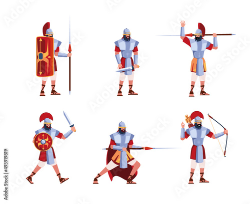 Rome army. Greek legion soldiers with weapons antique fighters from sparta ancients military romain characters garish vector colored warriors