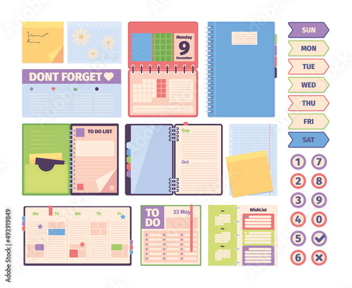 Planners top view. Daily diaries sketchbooks journals for travellers notebooks business notes garish vector pictures collection set