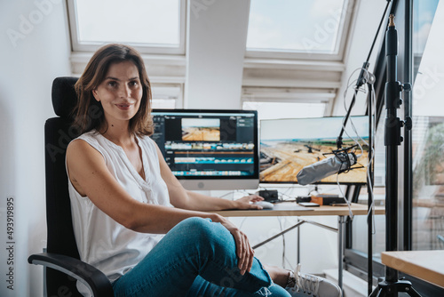 Photographer sitting on chair in front of desktop PC in studio photo