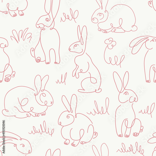 One line drawing Rabbits seamless vector pattern. Easter background