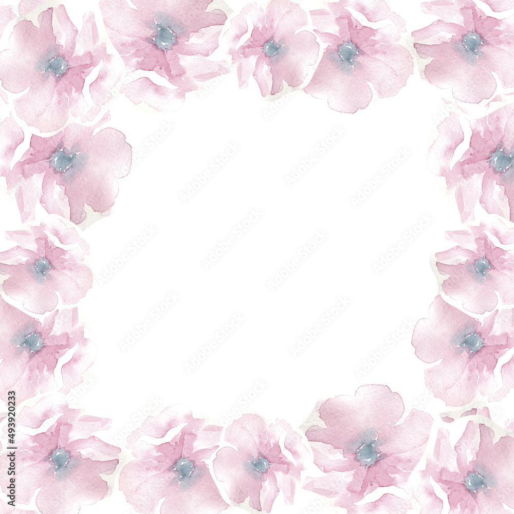 Watercolor frame with simple pink flowers anemones for wedding card