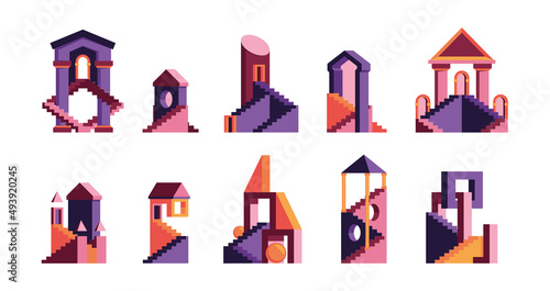 Maze houses. Multicolored flat geometrical abstract construction stylized buildings various cityscape garish vector pictures collection