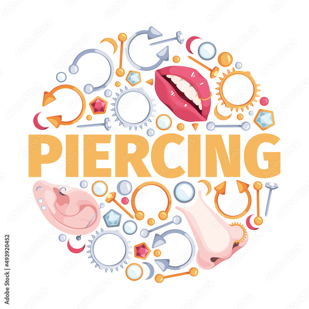 Piercing circle. Decorative round shape with piercing elements dots arrows rings brackets garish vector print design template