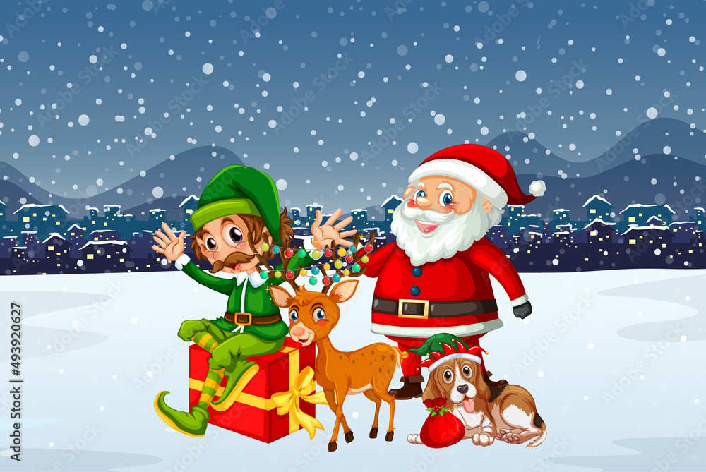 Snowy Christmas night scene with Santa Claus and friends Snowy Christmas night scene with Santa Claus and friends