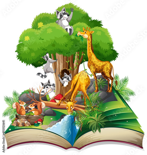 Open book forest theme with animal on white background