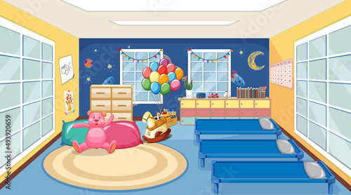 Scene of classroom with three beds and toys