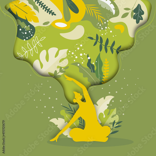 Girl is meditating among green jungles in a flat style, bright colors, paper cut hair	