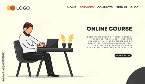 Vector online education template. Flat Illustration for university, courses, library, learning system, graduating. Idea of global access programs. Design for website, app, banner, poster, flyer.