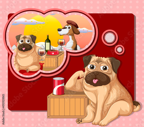 A dog thinking with callouts