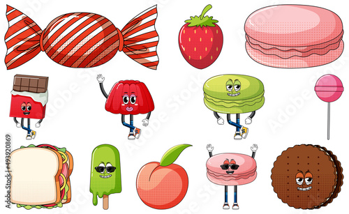 Set of facial expression with vintage style food cartoon on white background