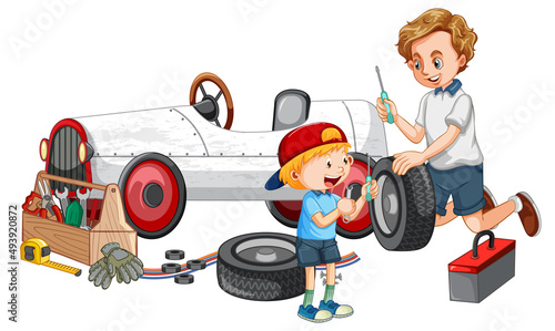 Dad and son repairing a car together