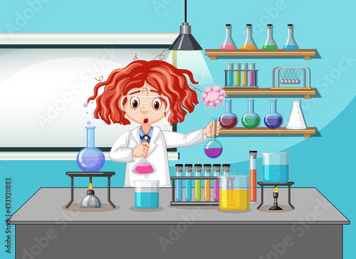 Scientist girl in laboratory room background