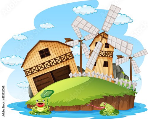 Farm scene with windmill and barn