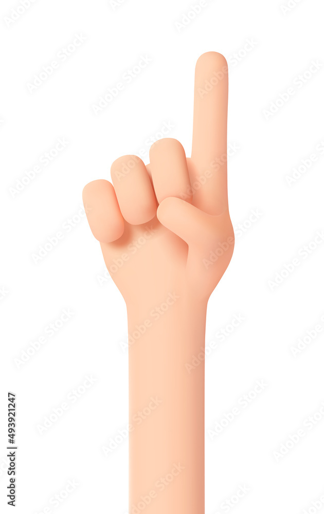 Pointing hand gesture. Index finger pointing up. Have an idea. Attract attention. Number one. Hand gesture 3D cartoon friendly funny style isolated on white background Pointing hand gesture. Index finger pointing up. Have an idea. Attract attention. Number one. Hand gesture 3D cartoon friendly funny style isolated on white background