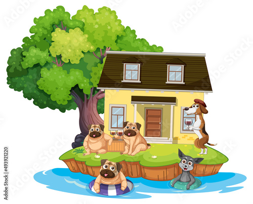 Outdoor house scene with domestic animals cartoon
