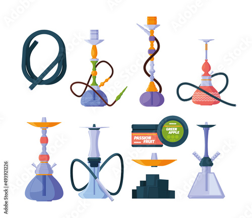 Hookah. Exotic arabic tobacco unhealthy hookah relaxing smoking garish vector colored pictures