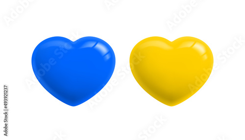 Blue and yellow hearts. Two 3d heart icon in the colors of the Ukrainian flag, isolated on a white background. Conceptual symbol