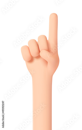 Pointing hand gesture. Index finger pointing up. Have an idea. Attract attention. Number one. Hand gesture 3D cartoon friendly funny style isolated on white background