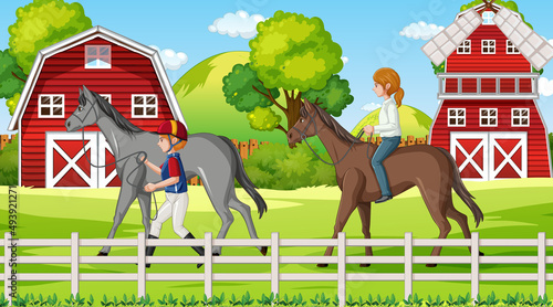 Outdoor scene with equestrian leading horse